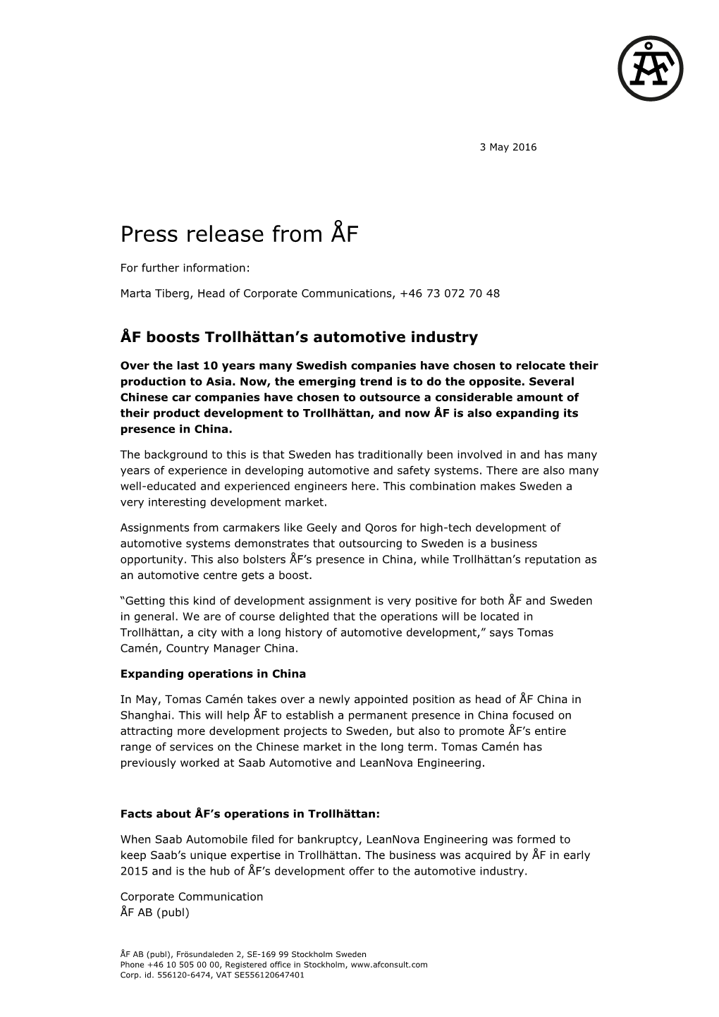 Press Release from ÅF