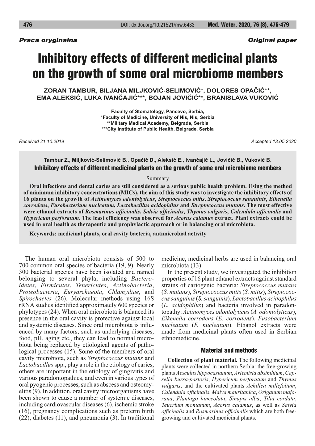 Inhibitory Effects of Different Medicinal Plants on the Growth of Some Oral Microbiome Members