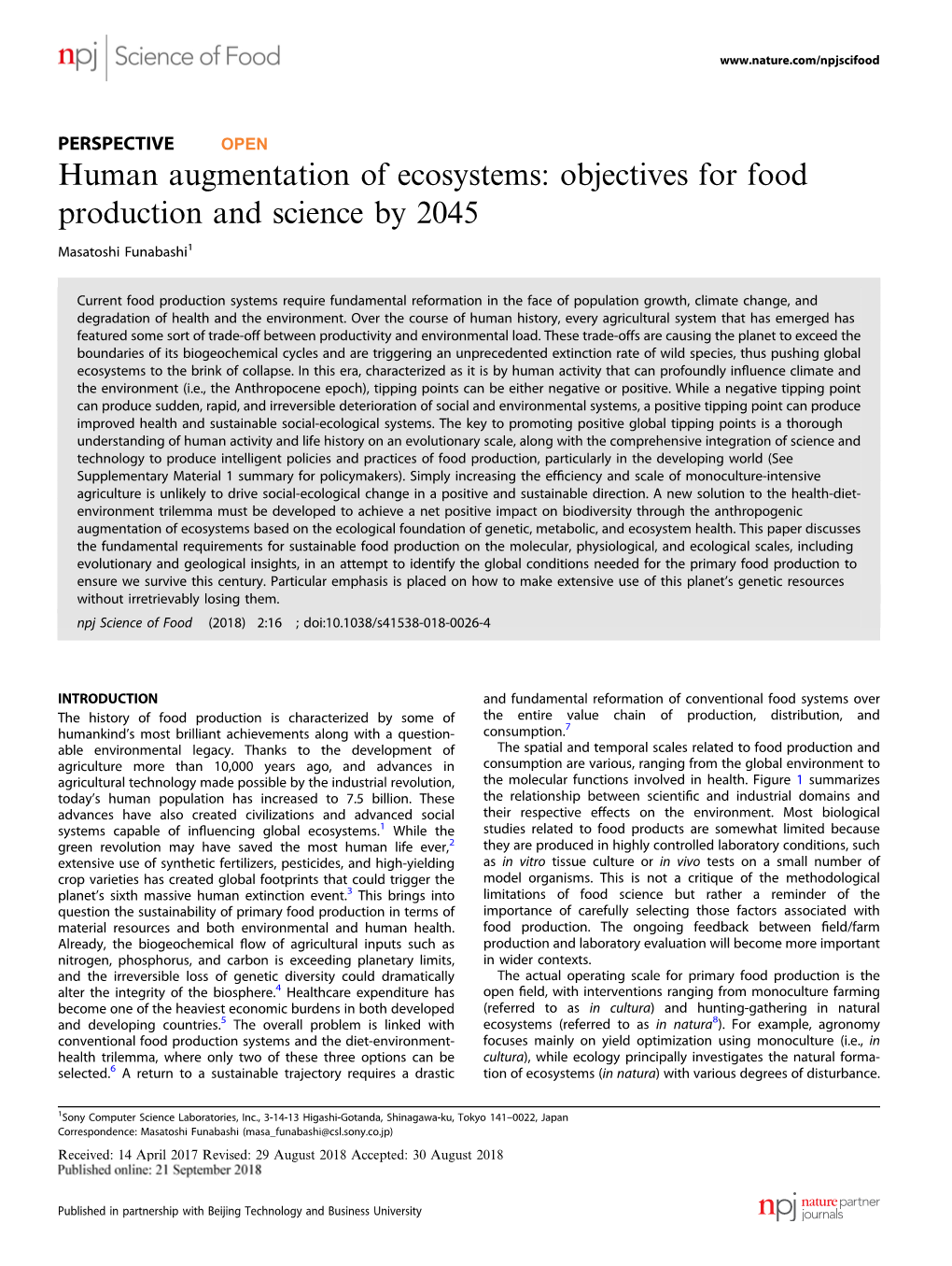 Human Augmentation of Ecosystems: Objectives for Food Production and Science by 2045