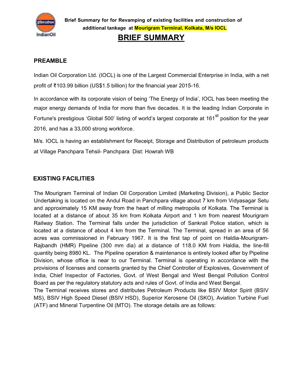 Brief Summary for for Revamping of Existing Facilities and Construction of Additional Tankage at Mourigram Terminal, Kolkata, M/S IOCL