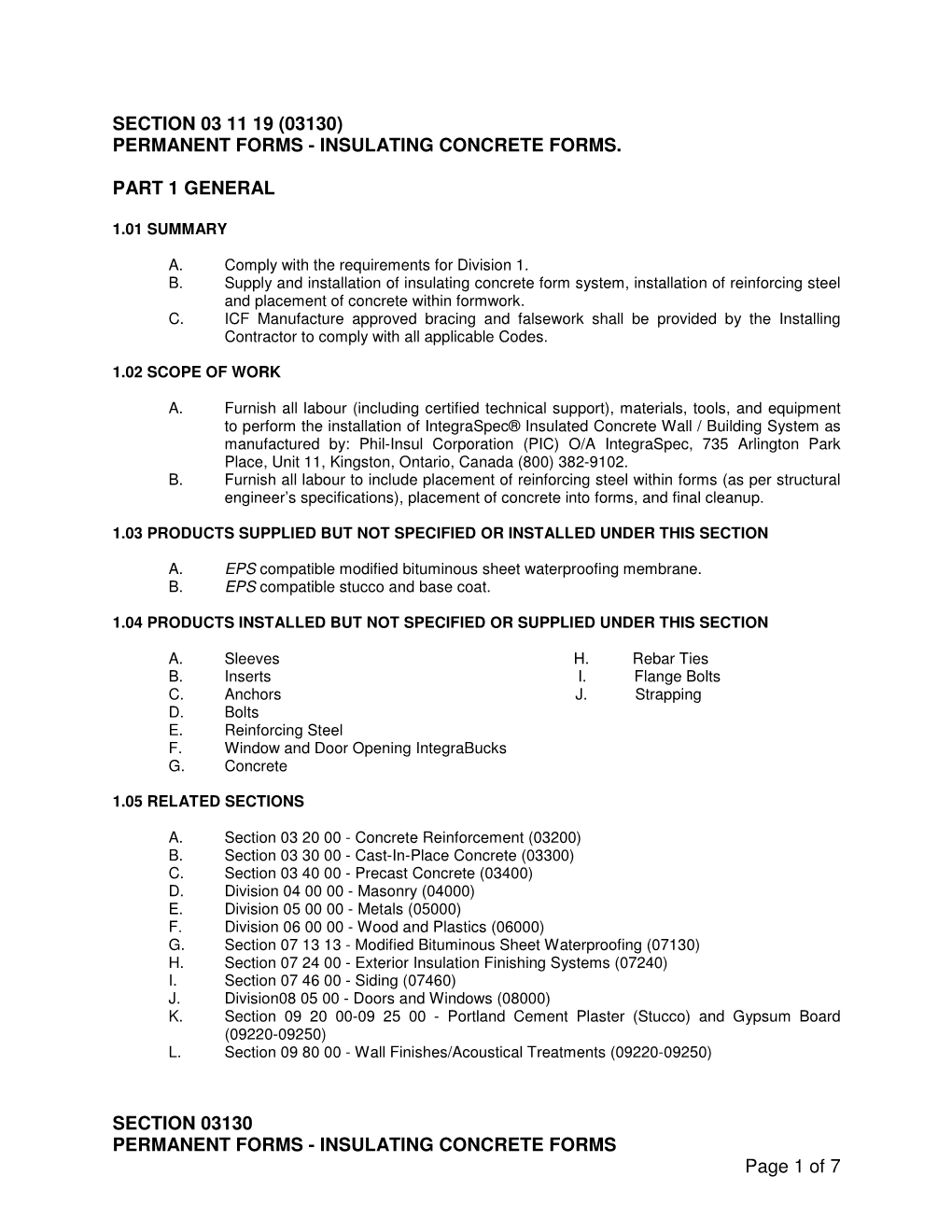 INSULATING CONCRETE FORMS Page 1 of 7 SECTION 03 11 19