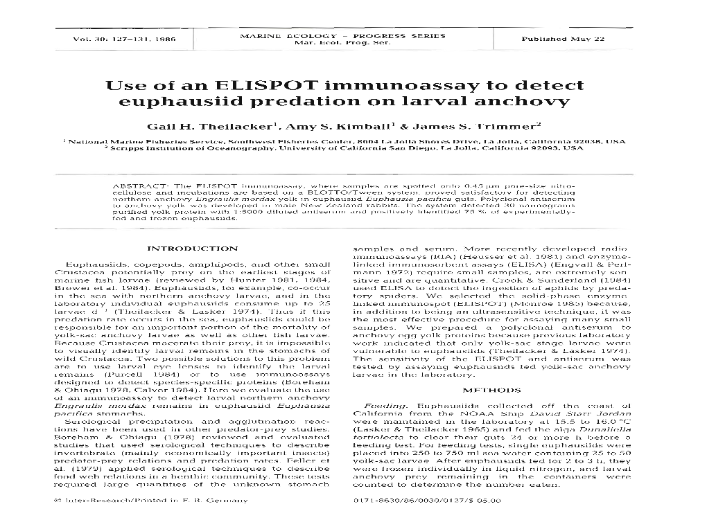 Use of an ELISPOT Immunoassay to Detect Euphausiid Predation on Larval Anchovy