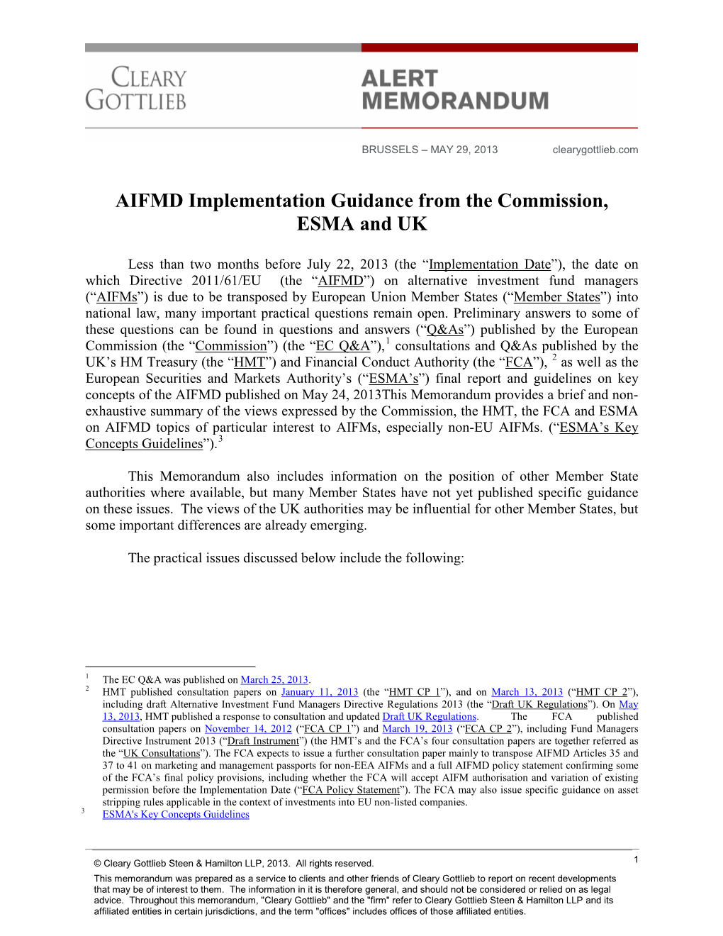 AIFMD Implementation Guidance from the Commission, ESMA and UK