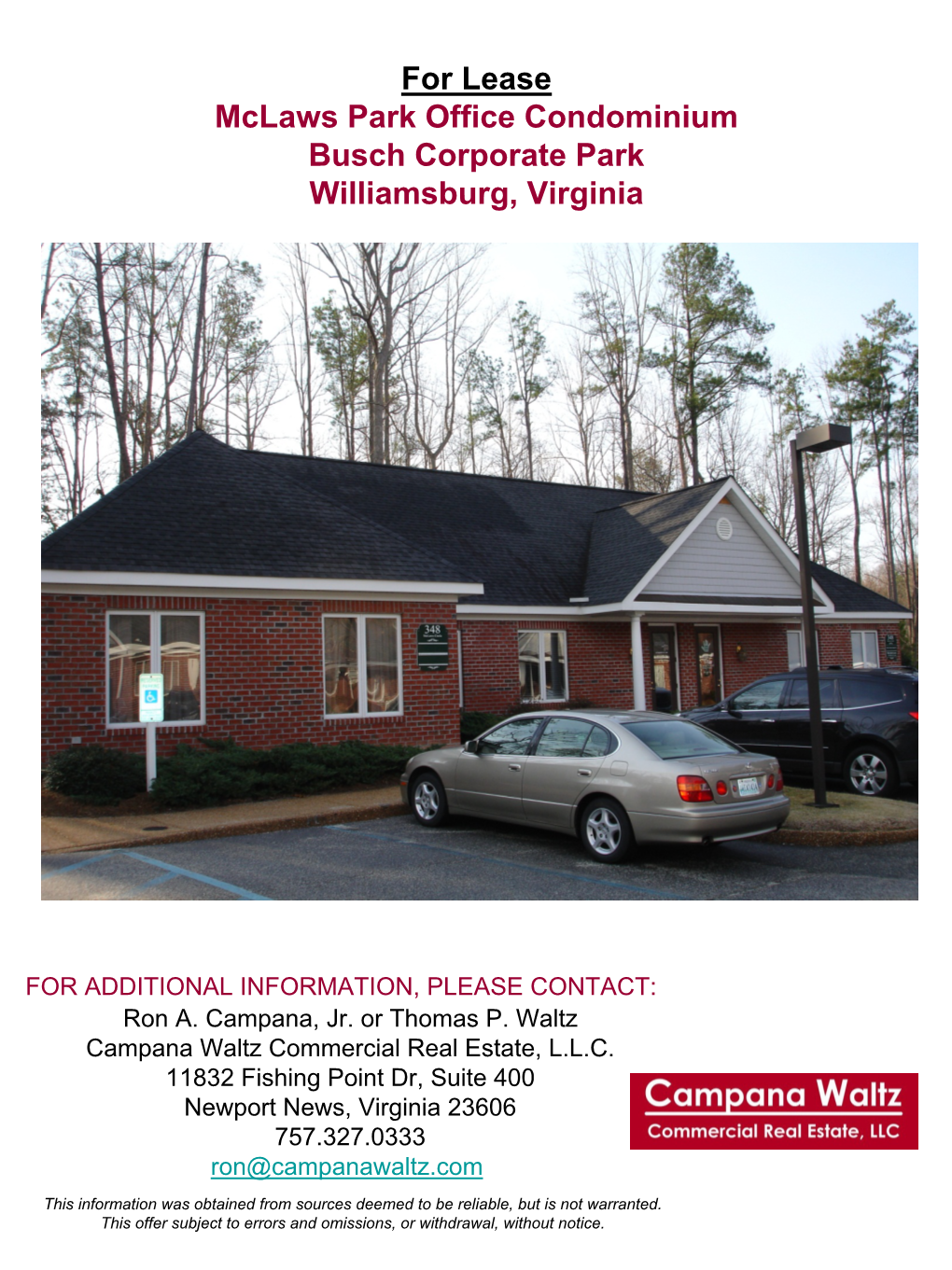 For Lease Mclaws Park Office Condominium Busch Corporate Park Williamsburg, Virginia