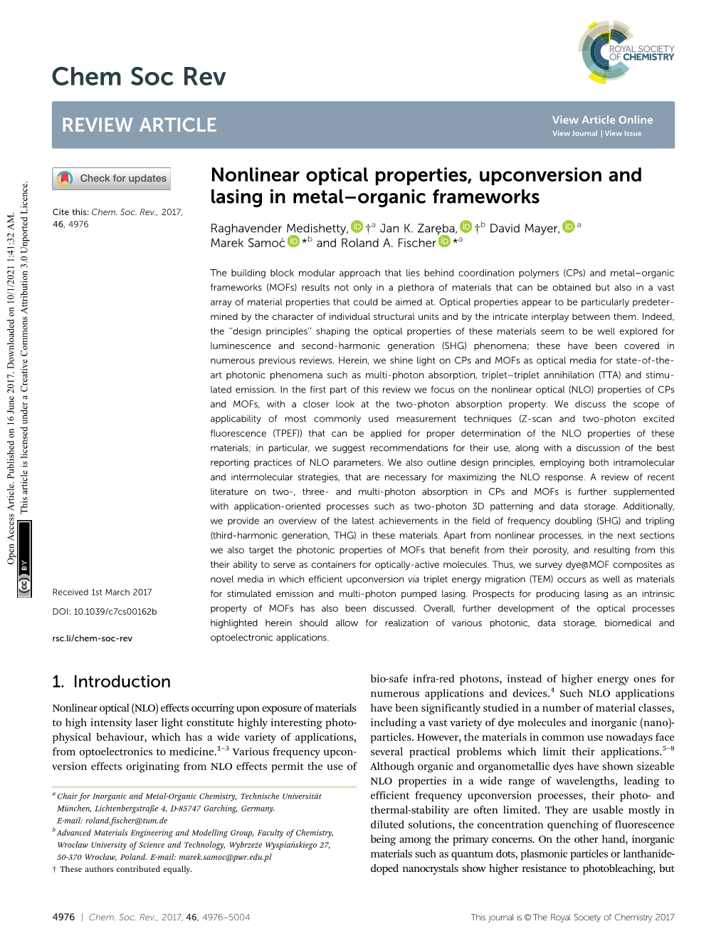 Nonlinear Optical Properties, Upconversion and Lasing in Metal&#X2013;Organic Frameworks