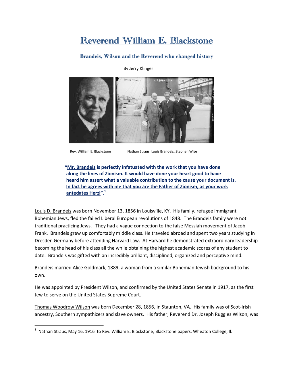 Reverend William E. Blackstone Brandeis, Wilson and the Reverend Who Changed History