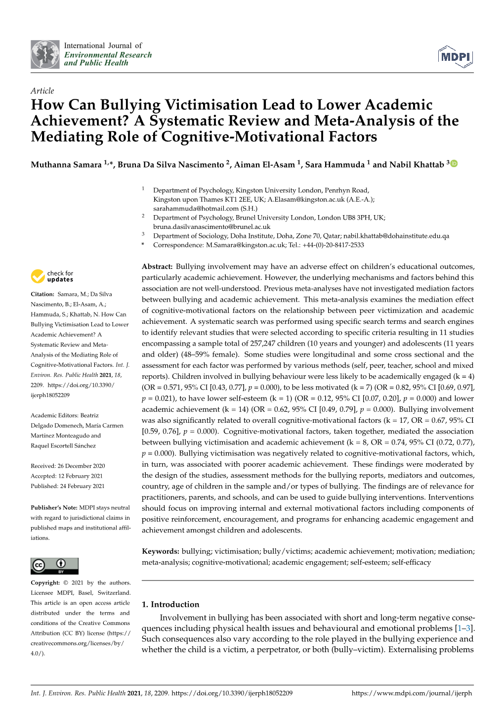 How Can Bullying Victimisation Lead to Lower Academic Achievement? a Systematic Review and Meta-Analysis of the Mediating Role of Cognitive-Motivational Factors