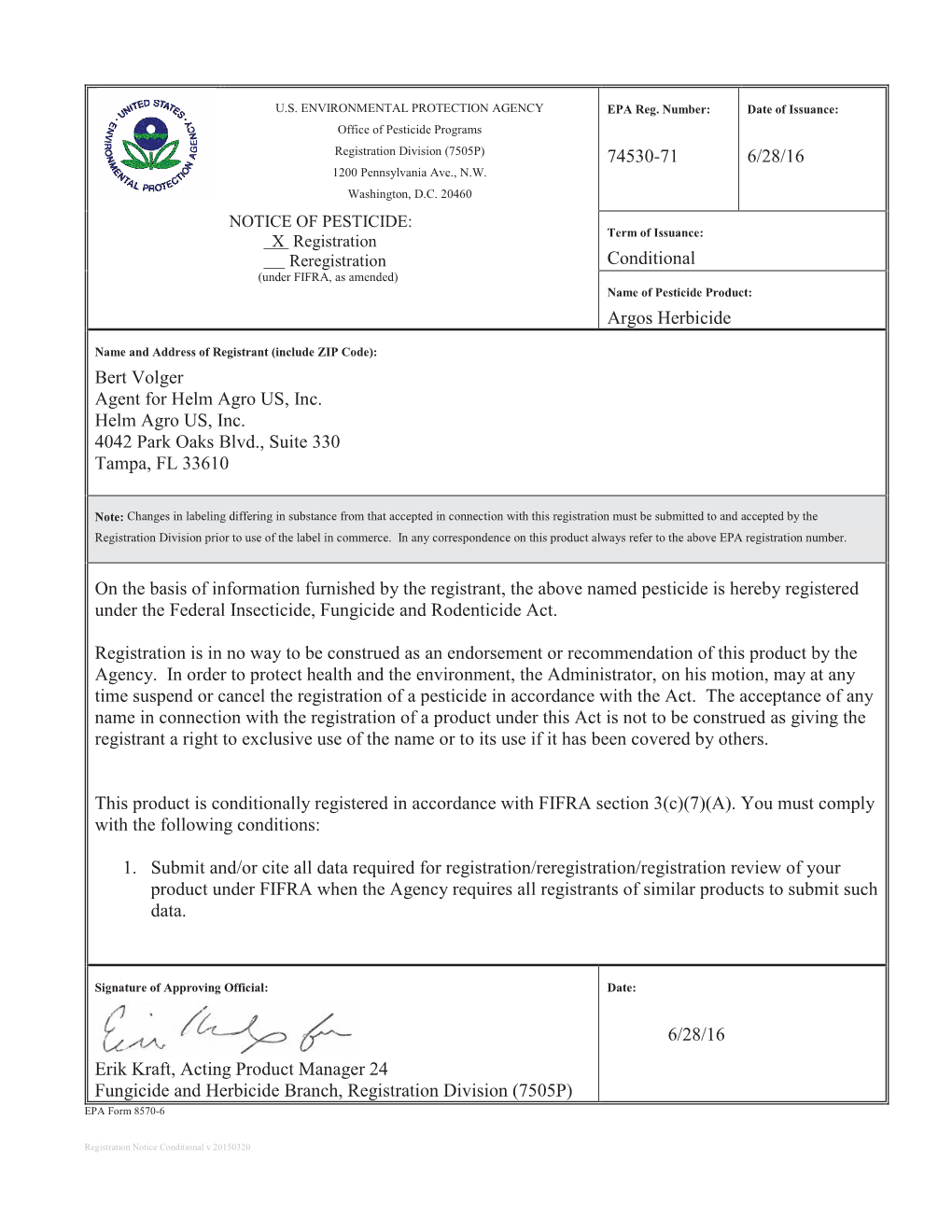 US EPA, Pesticide Product Label, ARGOS HERBICIDE,06/28/2016