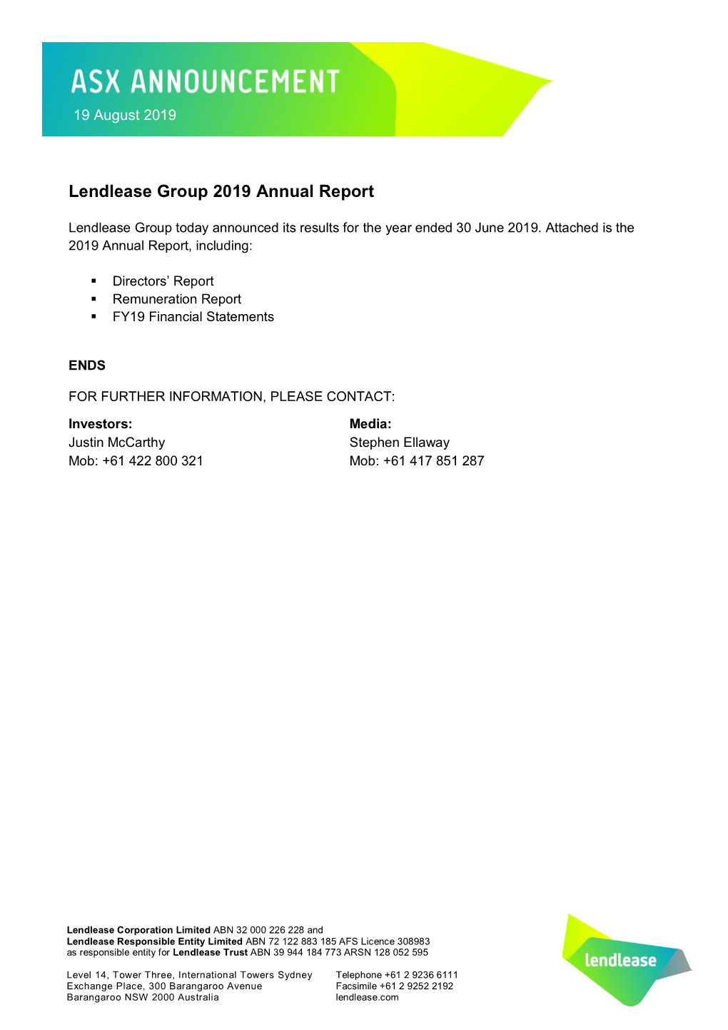 Lendlease Group 2019 Annual Report