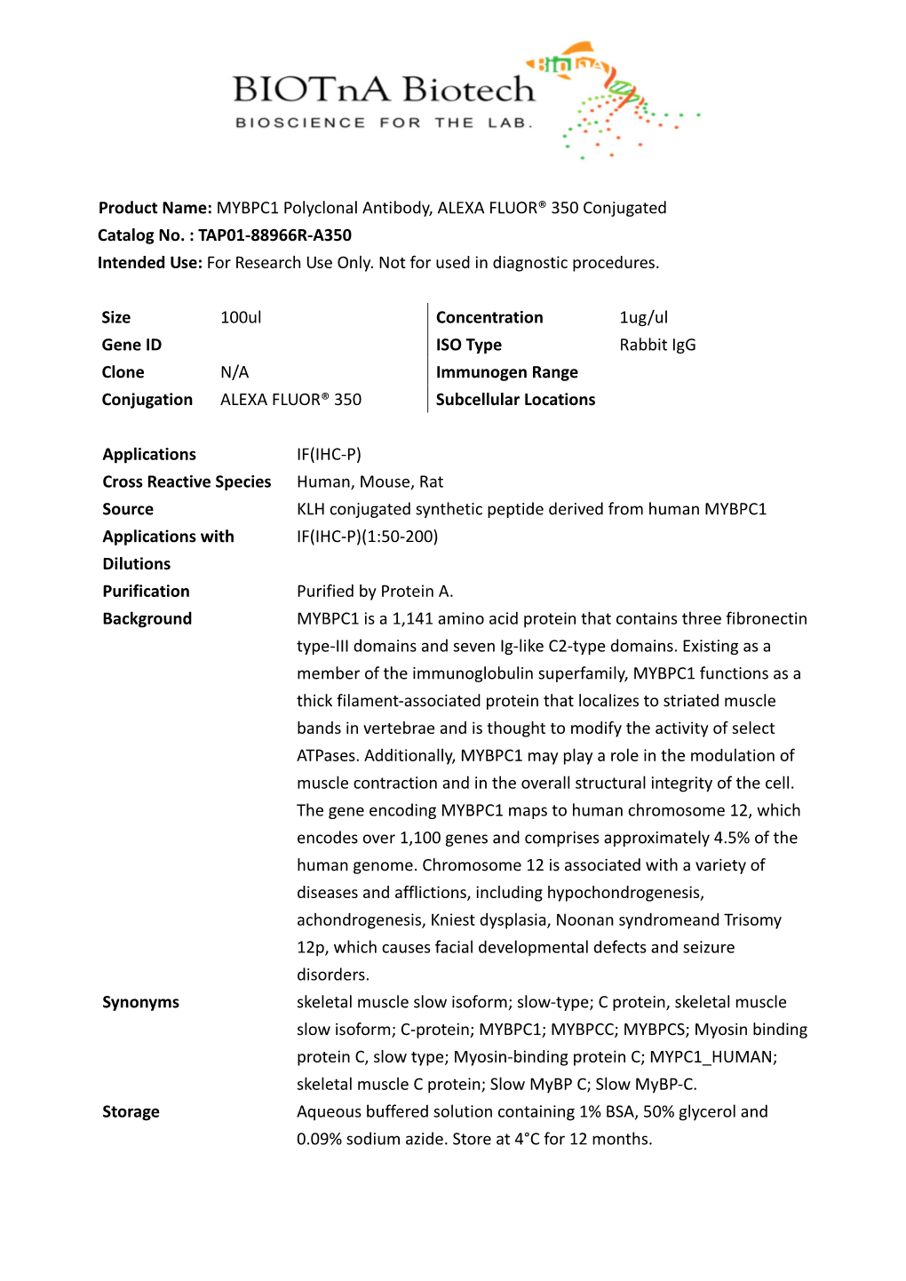 Product Name: MYBPC1 Polyclonal Antibody, ALEXA FLUOR® 350 Conjugated Catalog No