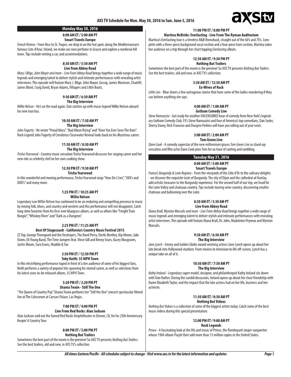 AXS TV Schedule for Mon. May 30, 2016 to Sun. June 5, 2016 Monday