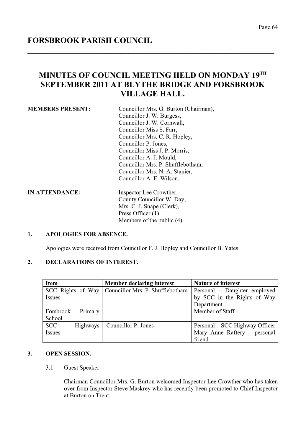 Minutes of Council Meeting Held on Monday 19Th September 2011 at Blythe Bridge and Forsbrook Village Hall