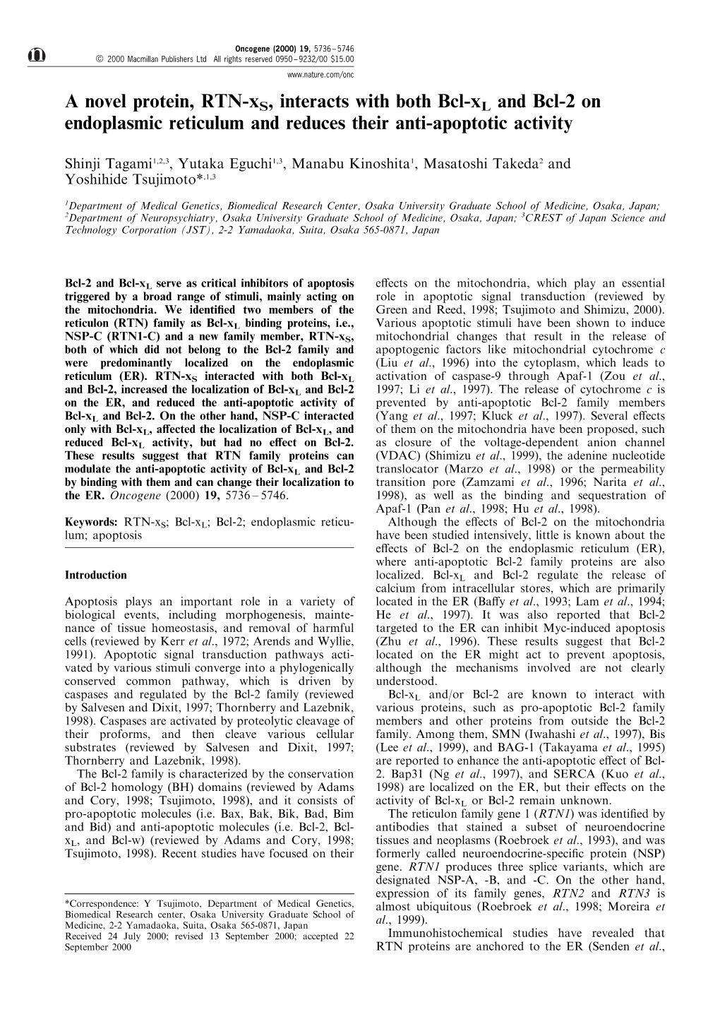 A Novel Protein, RTN-Xs, Interacts with Both Bcl-Xl and Bcl-2 on Endoplasmic Reticulum and Reduces Their Anti-Apoptotic Activity