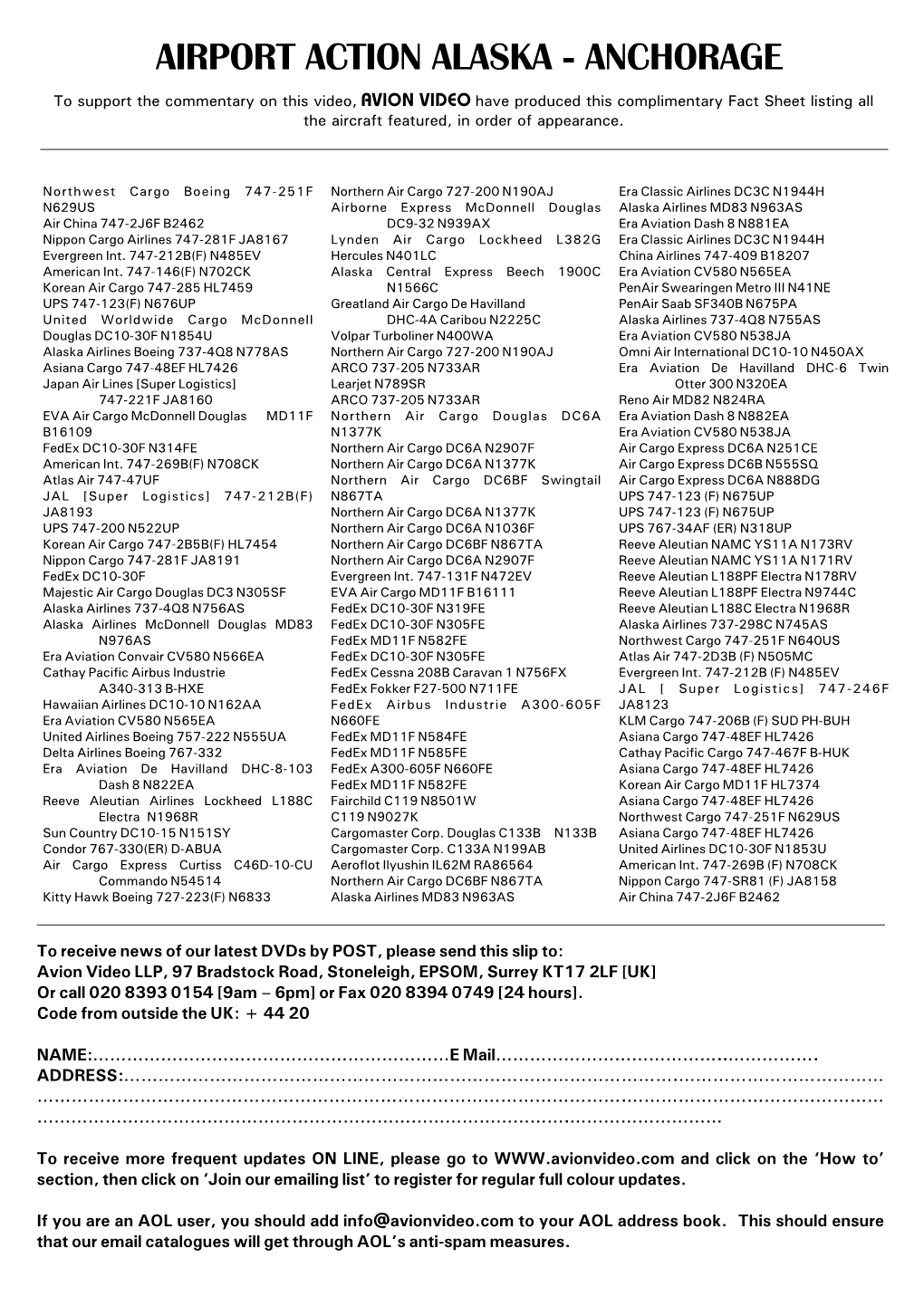 Fact Sheet Listing All the Aircraft Featured, in Order of Appearance