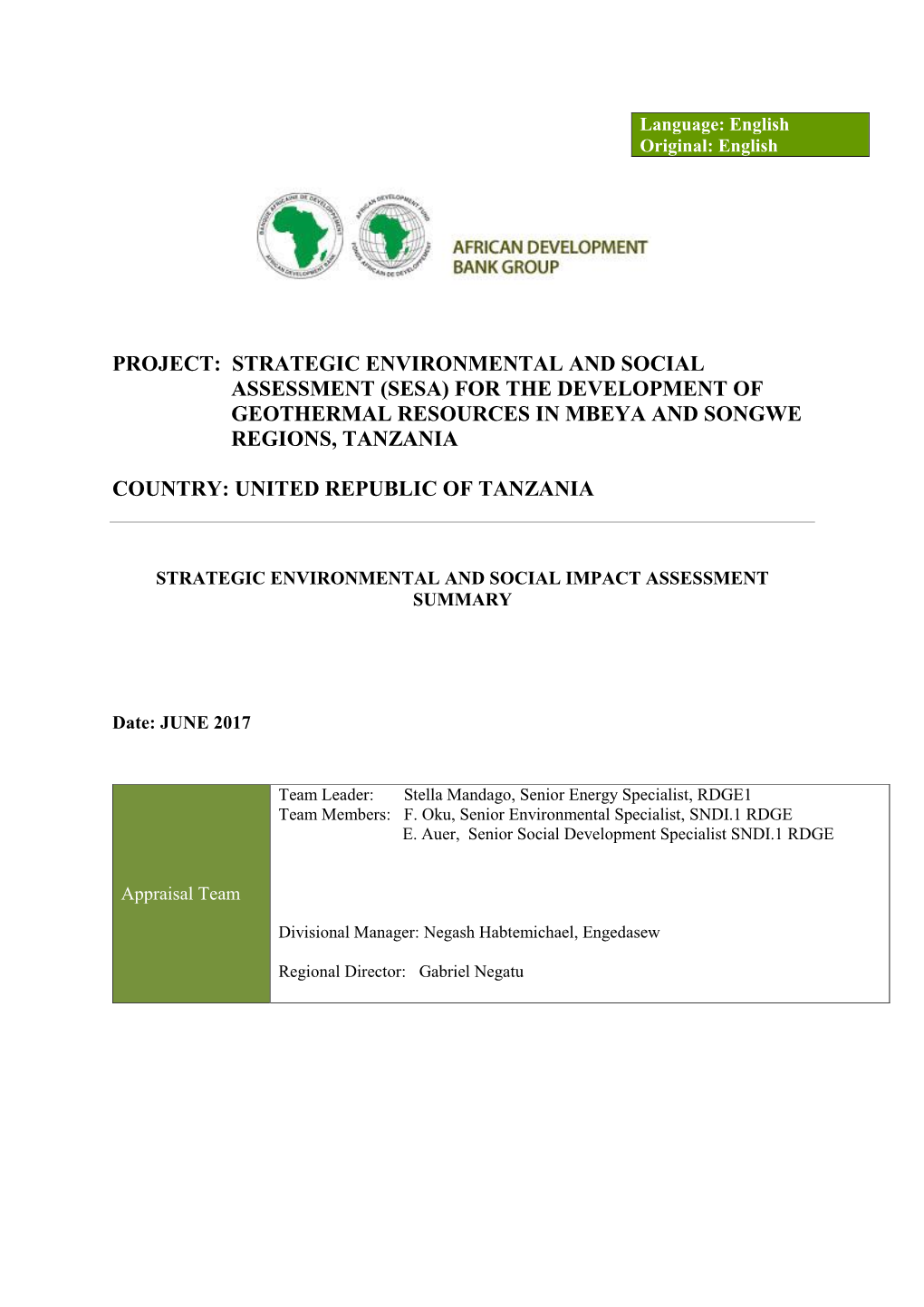 Project: Strategic Environmental and Social Assessment (Sesa) for the Development of Geothermal Resources in Mbeya and Songwe Regions, Tanzania