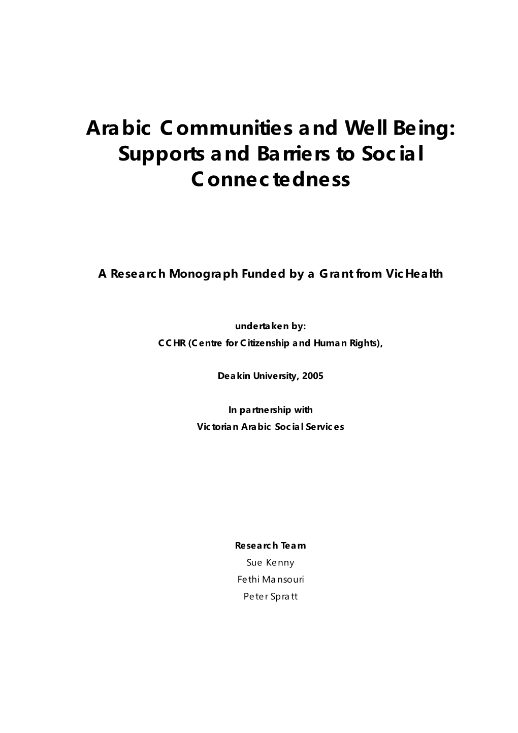 Arabic Communities and Well Being: Supports and Barriers to Social Connectedness