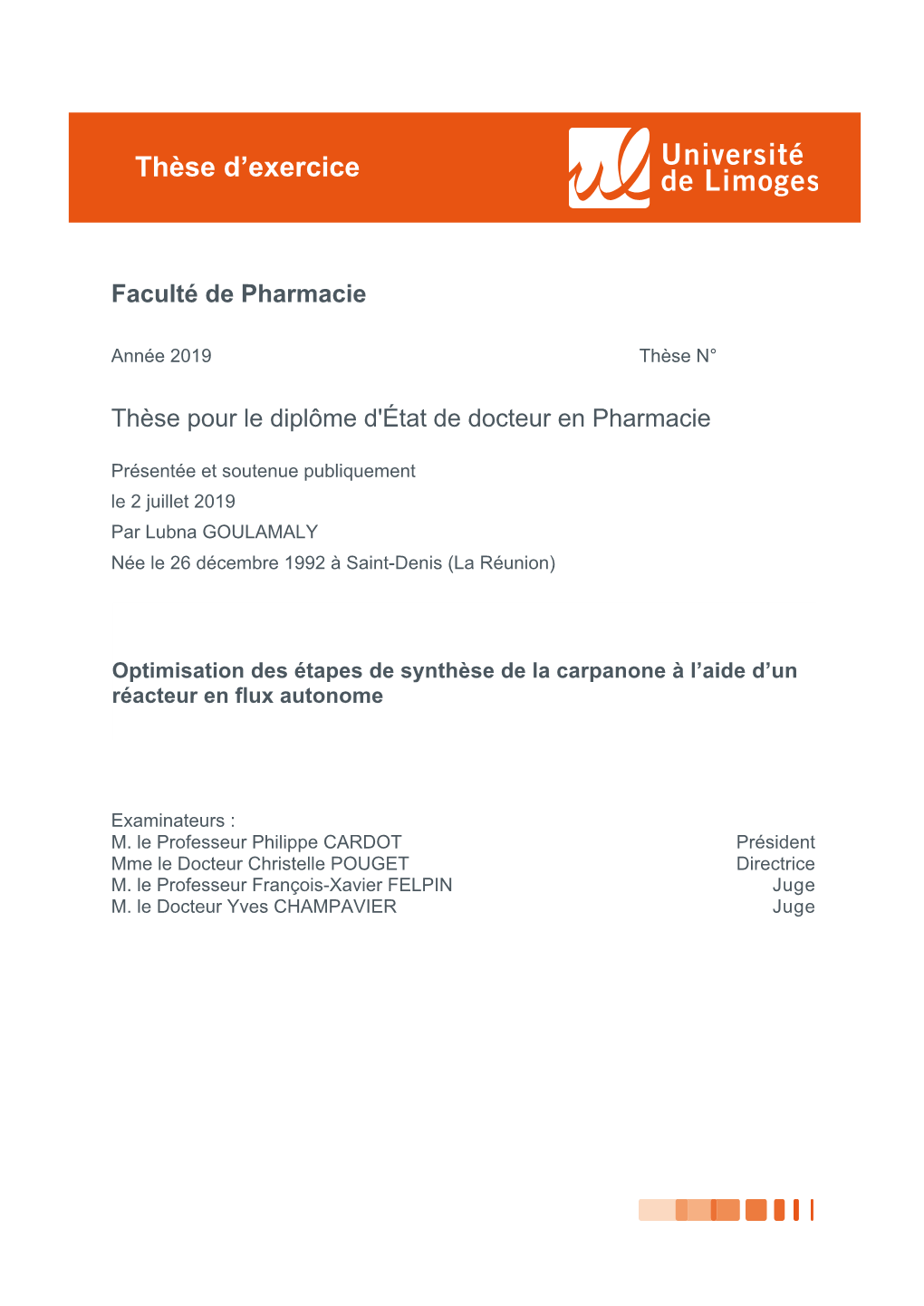 Optimisation Des Étapes De Synthèse De La Carpanone À L'aide D'un