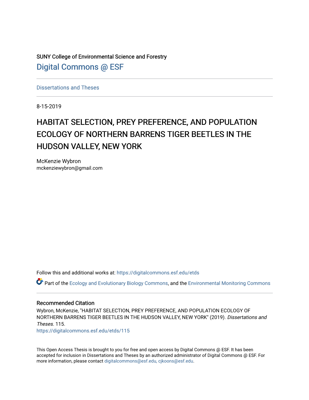 Habitat Selection, Prey Preference, and Population Ecology of Northern Barrens Tiger Beetles in the Hudson Valley, New York