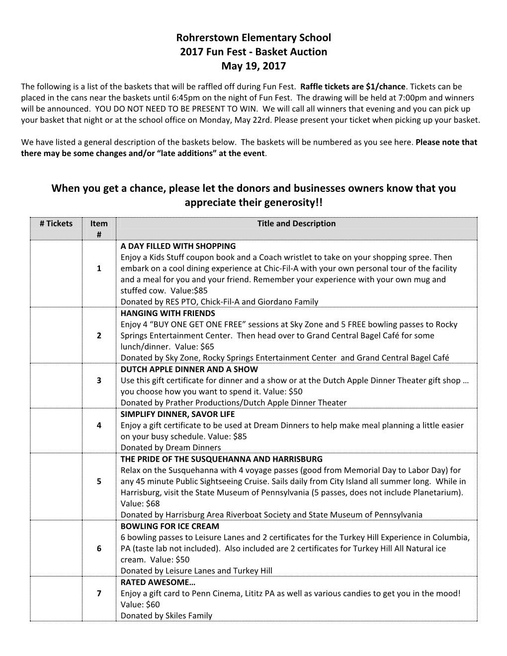 Rohrerstown Elementary School 2017 Fun Fest - Basket Auction May 19, 2017