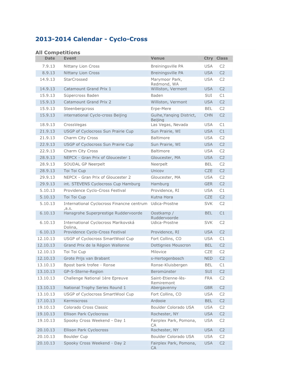 2013-2014 Calendar - Cyclo-Cross