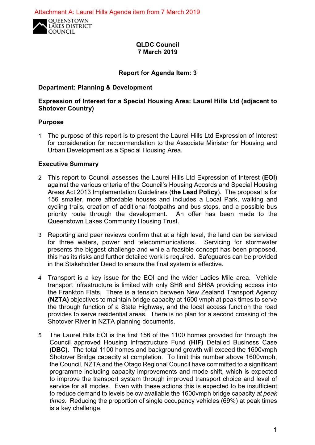 Attachment A: Laurel Hills Agenda Item from 7 March 2019