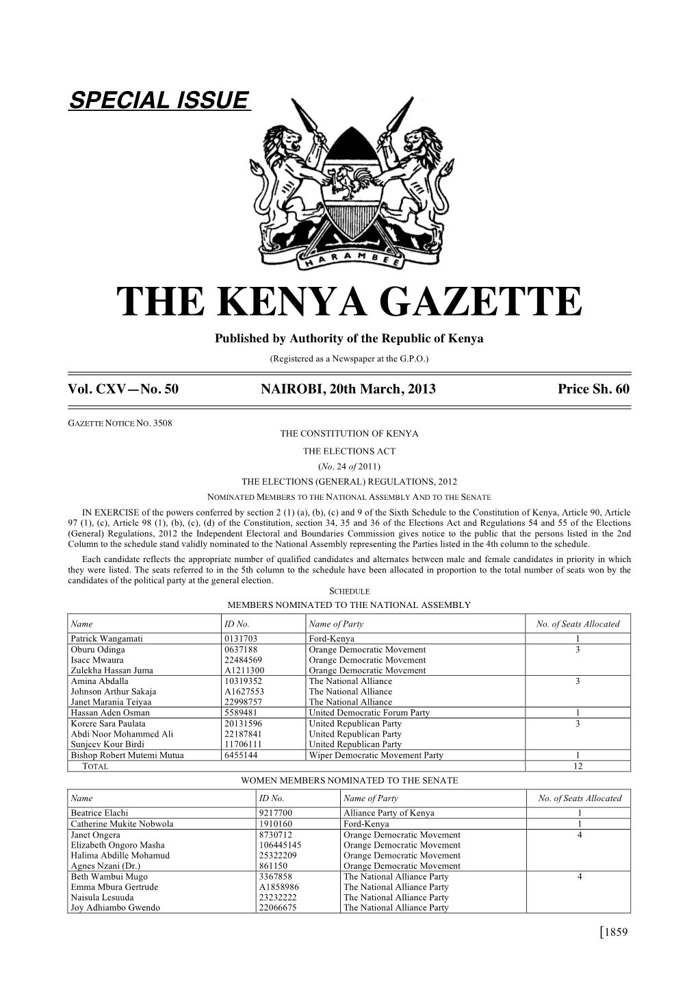 THE KENYA GAZETTE Published by Authority of the Republic of Kenya (Registered As a Newspaper at the G.P.O.)