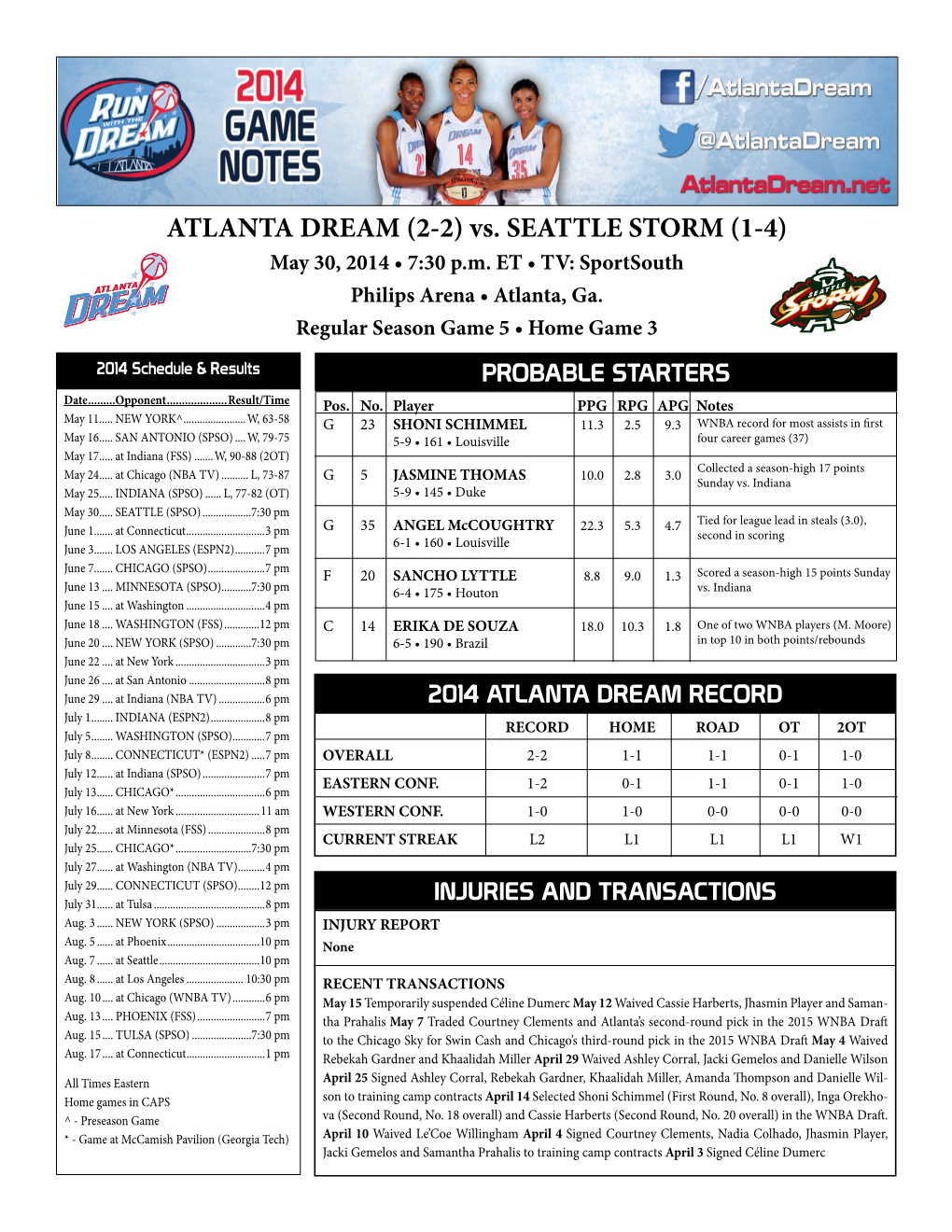 ATLANTA DREAM (2-2) Vs. SEATTLE STORM (1-4) May 30, 2014 • 7:30 P.M