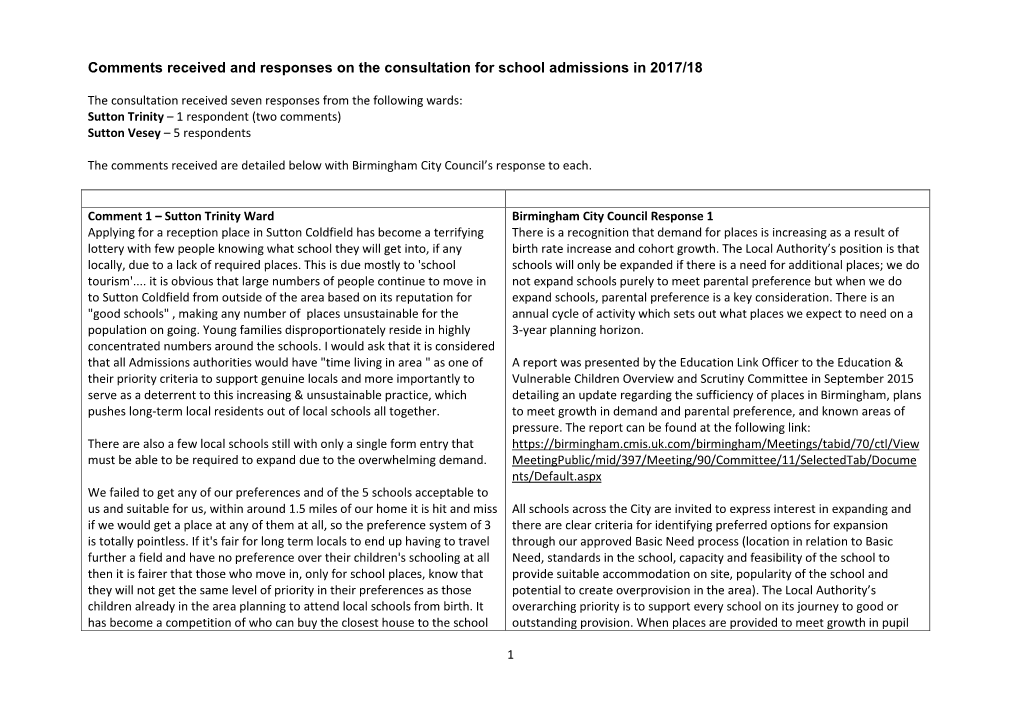 Comments Received and Responses on the Consultation for School Admissions in 2017/18