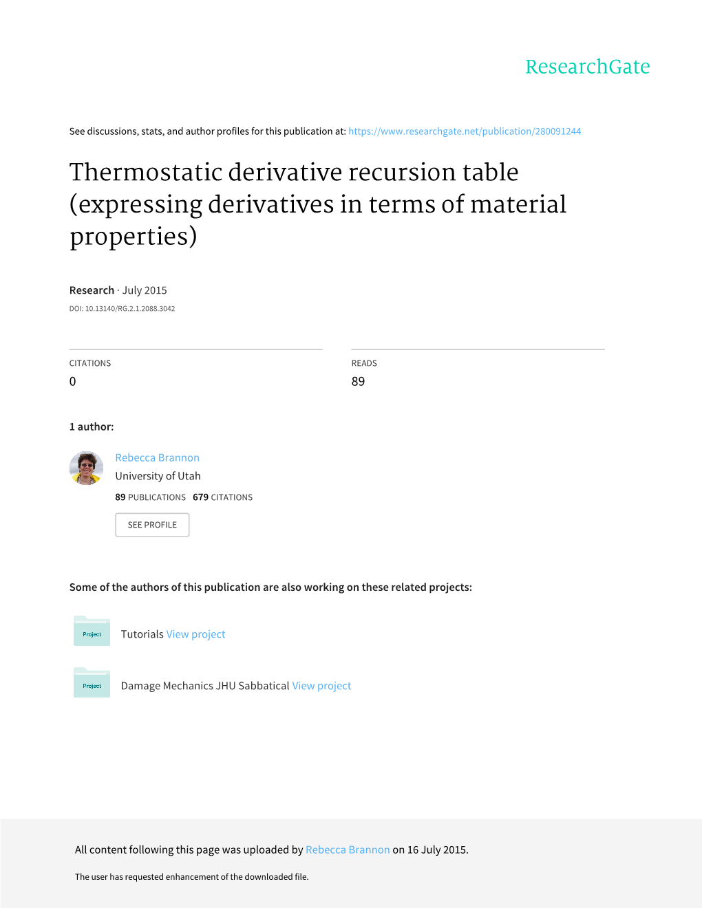 Thermostatic Derivative Recursion Table (Expressing Derivatives in Terms of Material Properties)