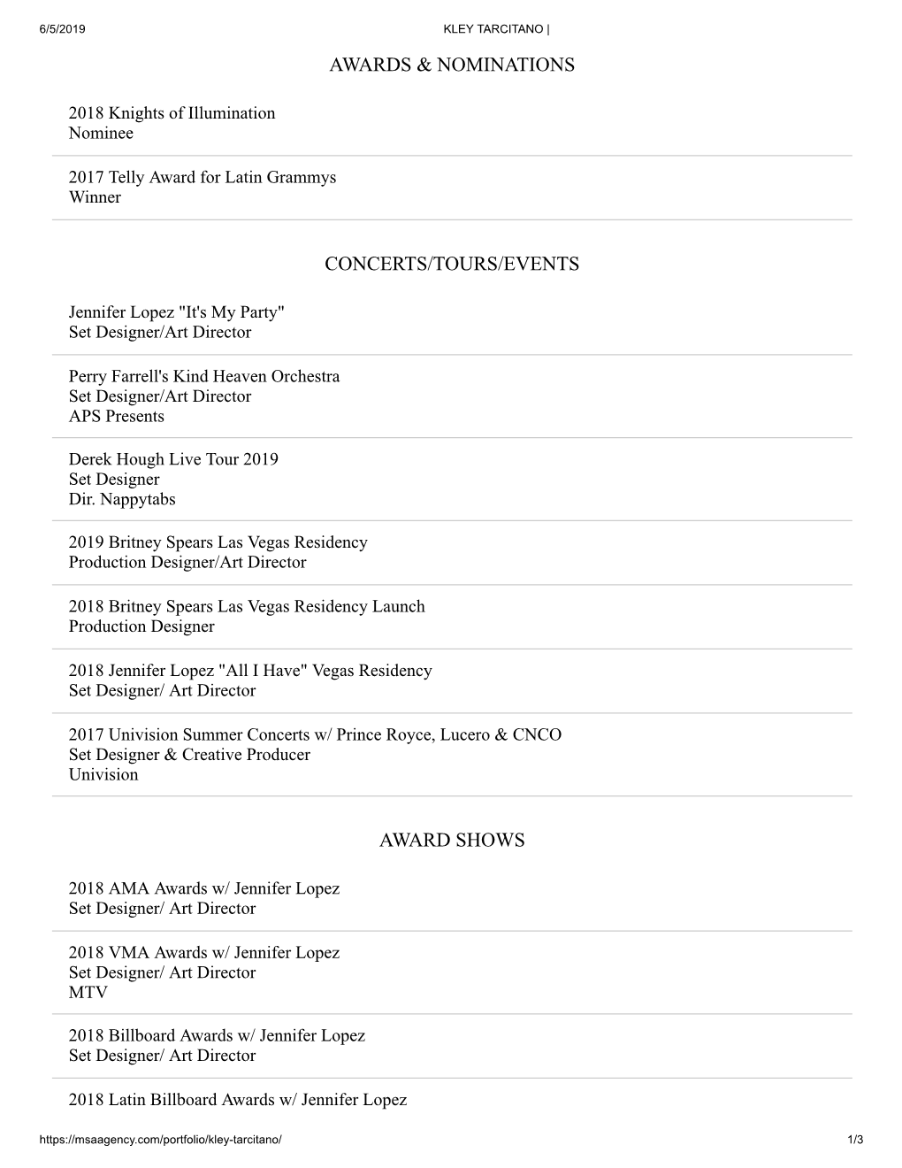 Awards & Nominations Concerts/Tours/Events Award Shows