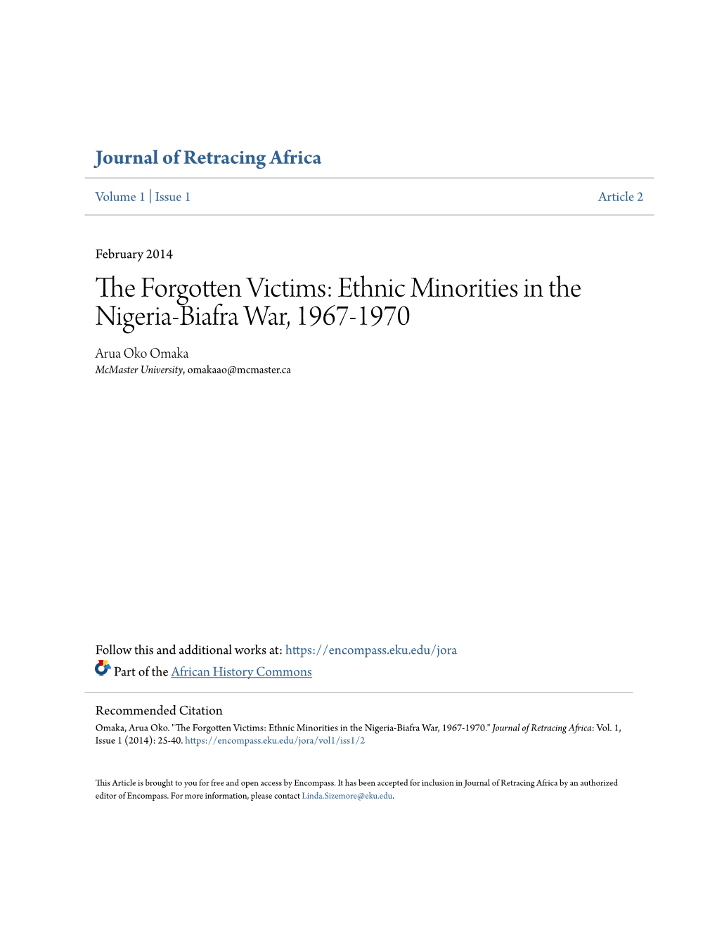 Ethnic Minorities in the Nigeria-Biafra War, 1967-1970 Arua Oko Omaka Mcmaster University, Omakaao@Mcmaster.Ca