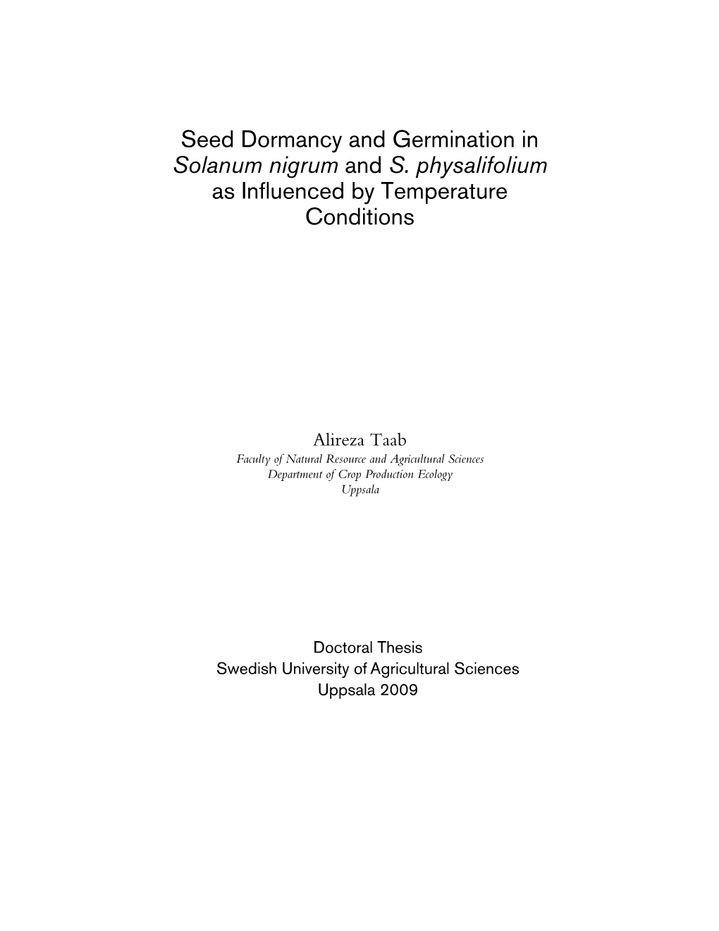 Seed Dormancy and Germination in Solanum Nigrum and S