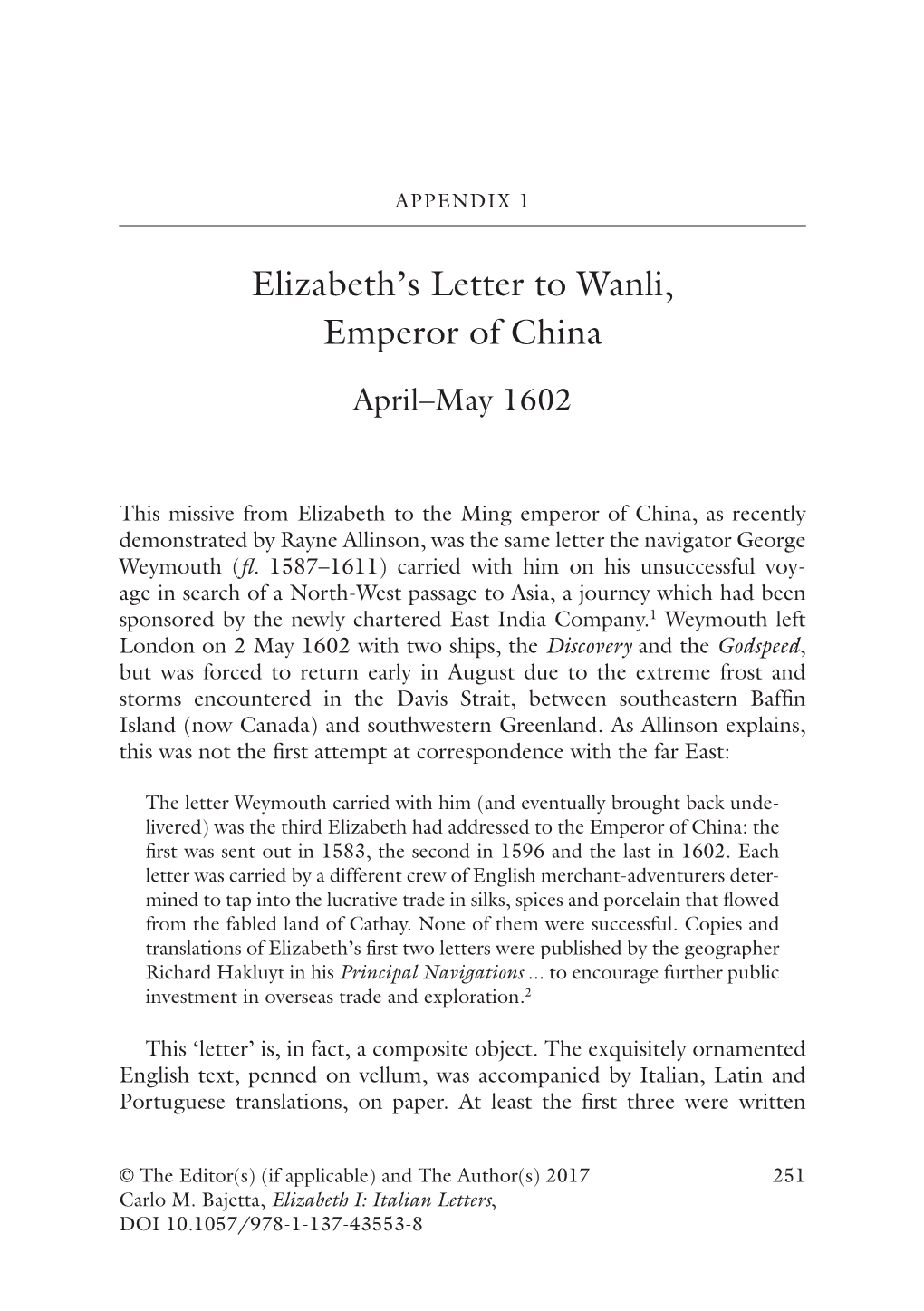 Elizabeth's Letter to Wanli, Emperor of China