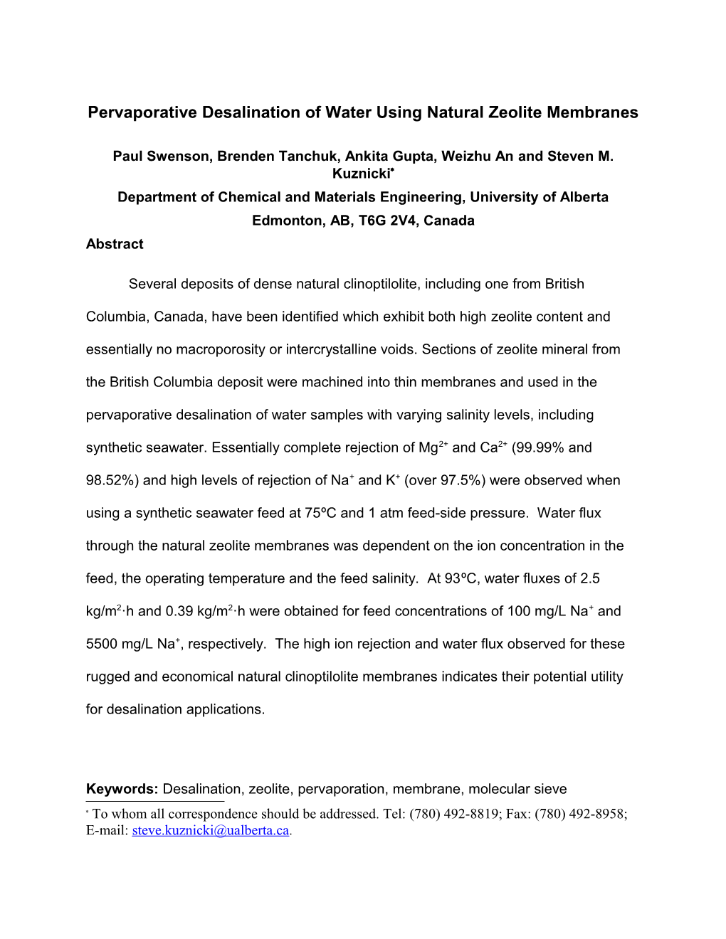 Pervaporative Desalination of Water Using Natural Zeolite Membranes