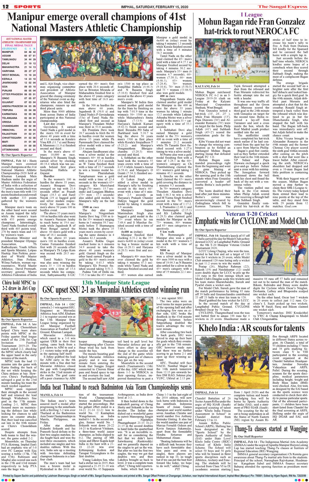 Manipur Emerge Overall Champions of 41St National Masters Athletic