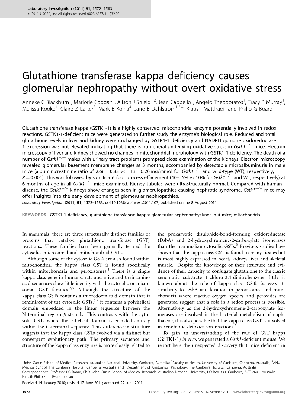 Glutathione Transferase Kappa Deficiency Causes Glomerular