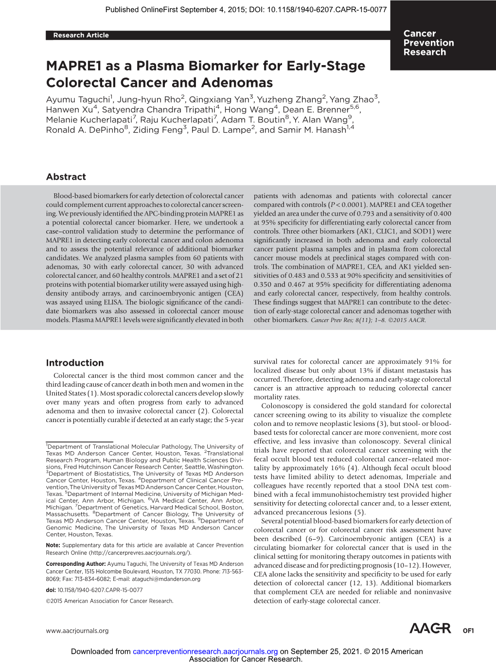 MAPRE1 As a Plasma Biomarker for Early-Stage Colorectal Cancer And