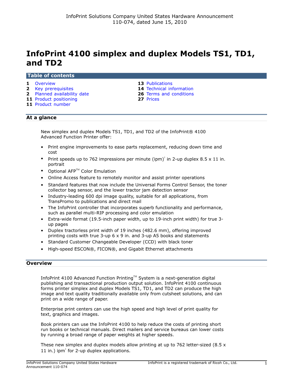 Infoprint 4100 Simplex and Duplex Models TS1, TD1, and TD2