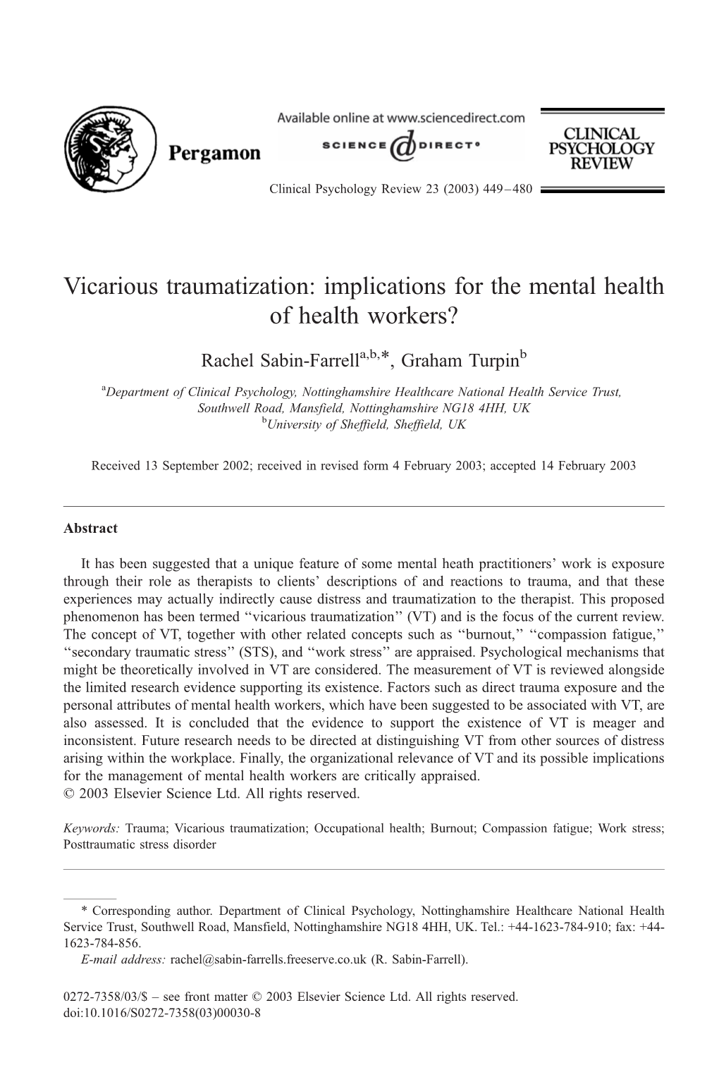 Vicarious Traumatization: Implications for the Mental Health of Health Workers?