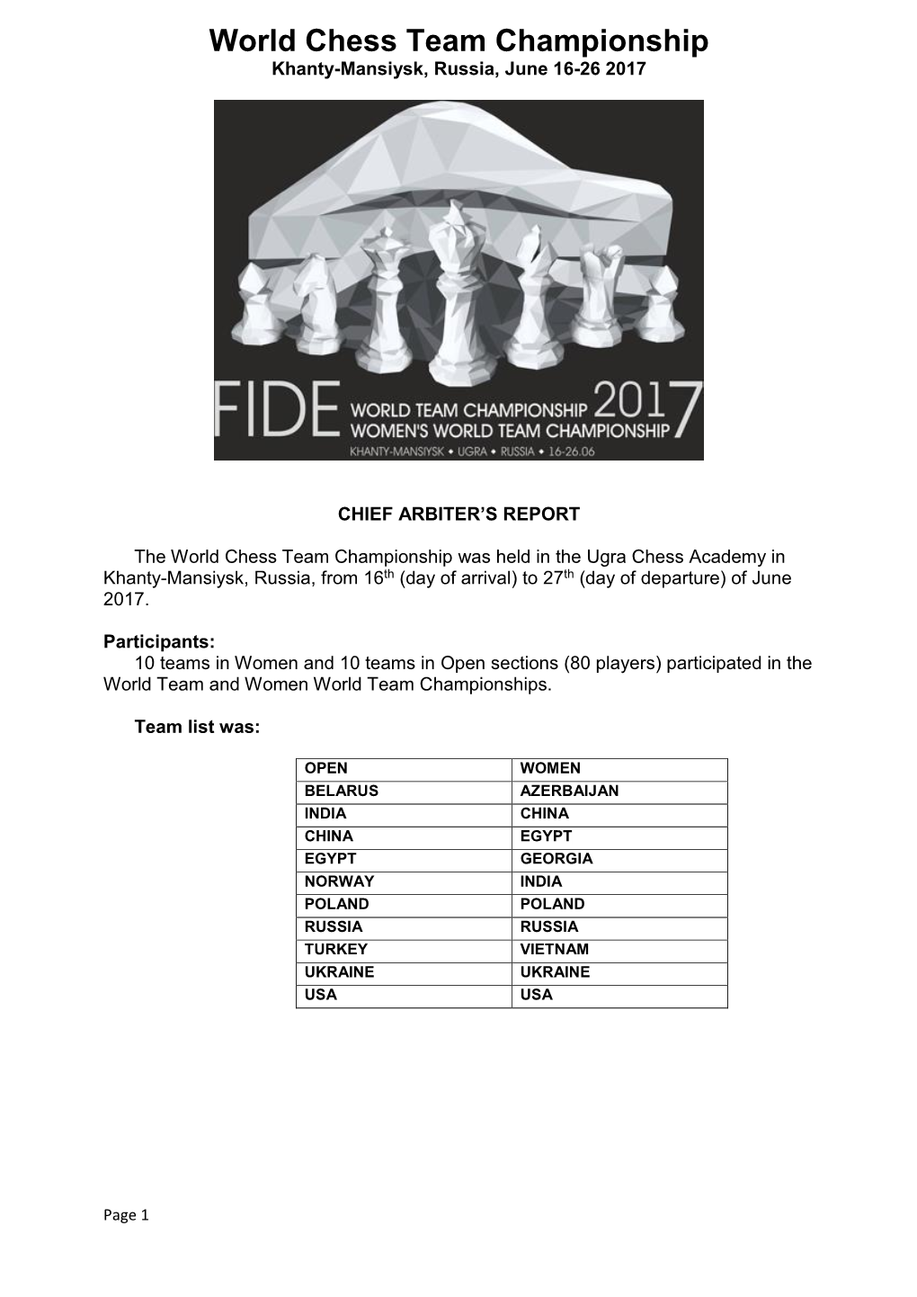 World Team Championships 2017, Chief Arbiter's Report