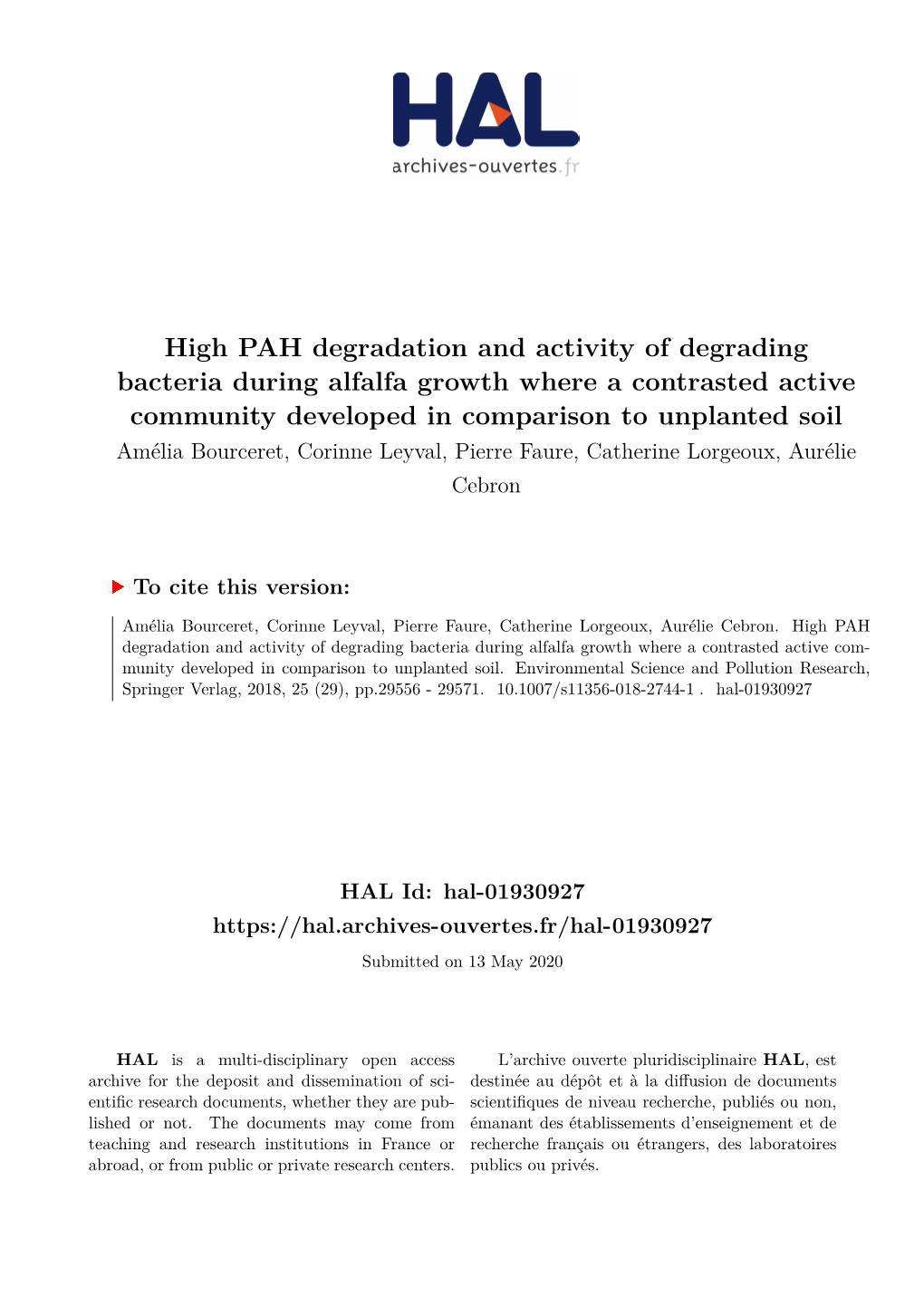 High PAH Degradation and Activity of Degrading Bacteria During Alfalfa