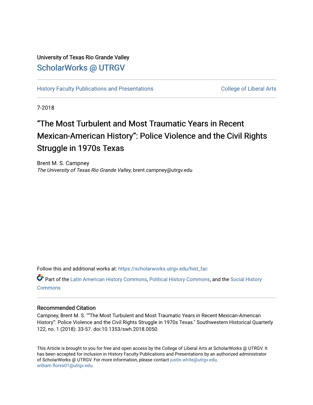 Police Violence and the Civil Rights Struggle in 1970S Texas