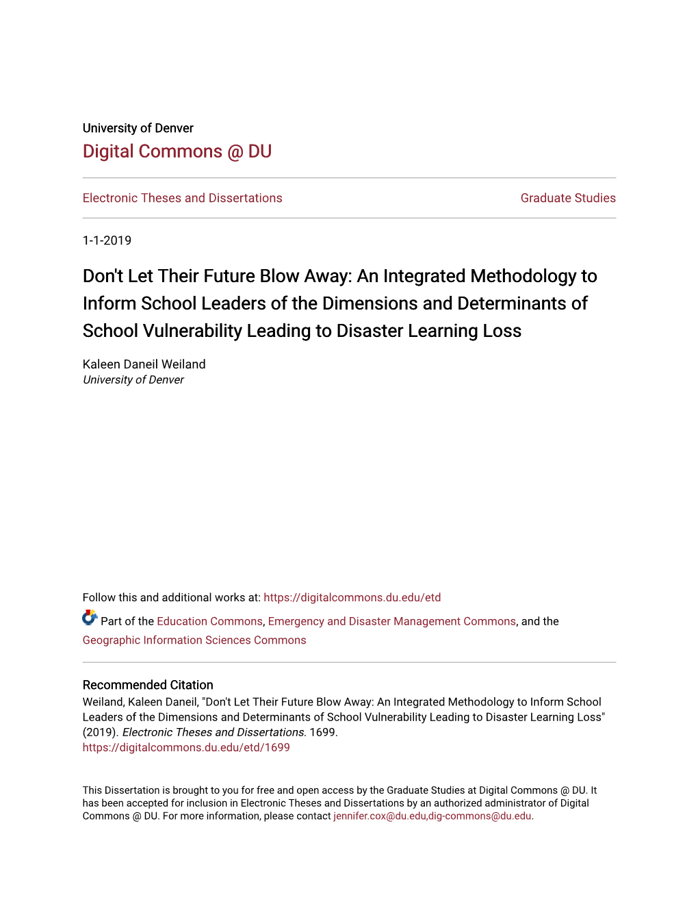 An Integrated Methodology to Inform School Leaders of the Dimensions and Determinants of School Vulnerability Leading to Disaster Learning Loss