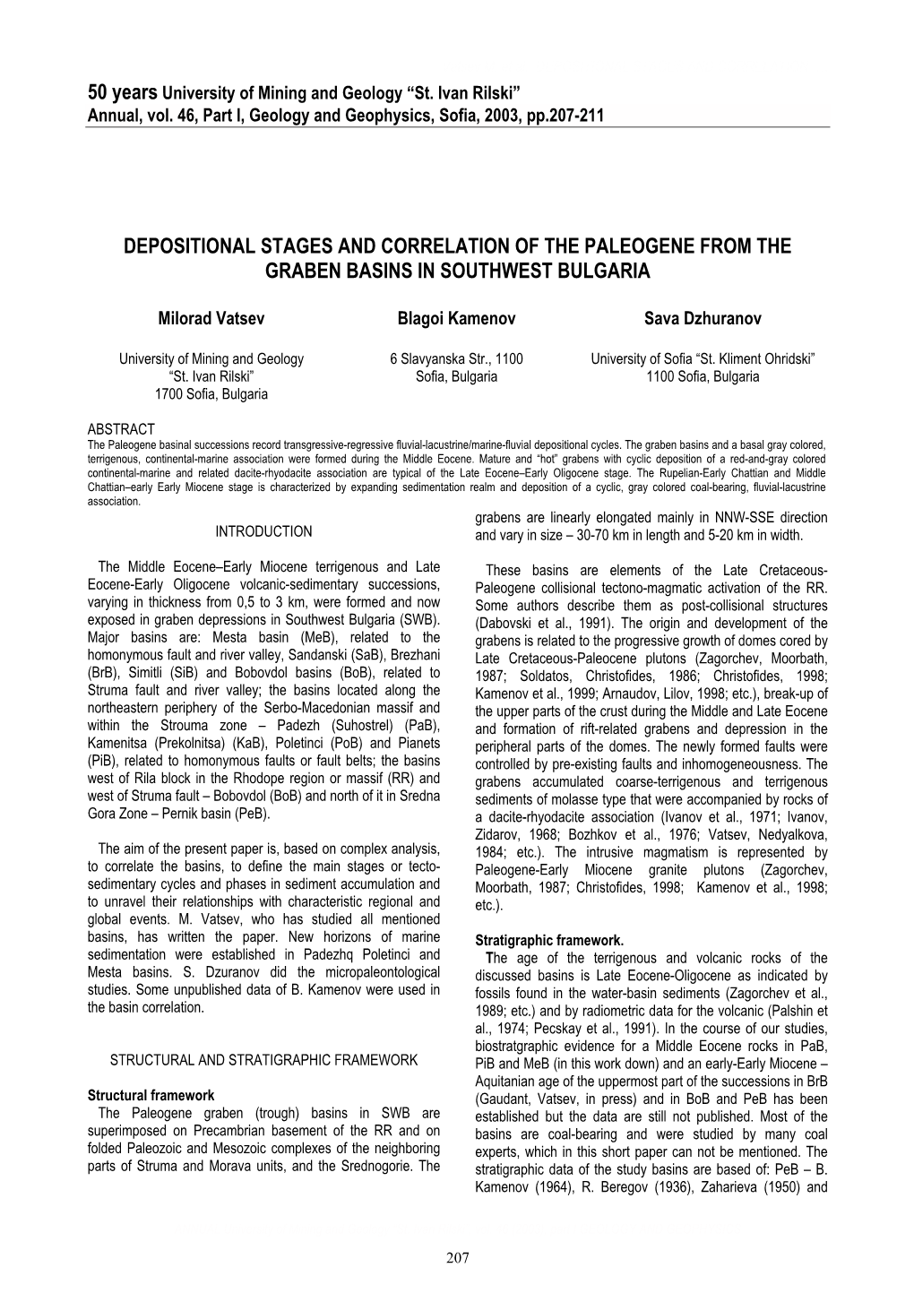 Depositional Stages and Correlation of the Paleogene from the Graben Basins in Southwest Bulgaria