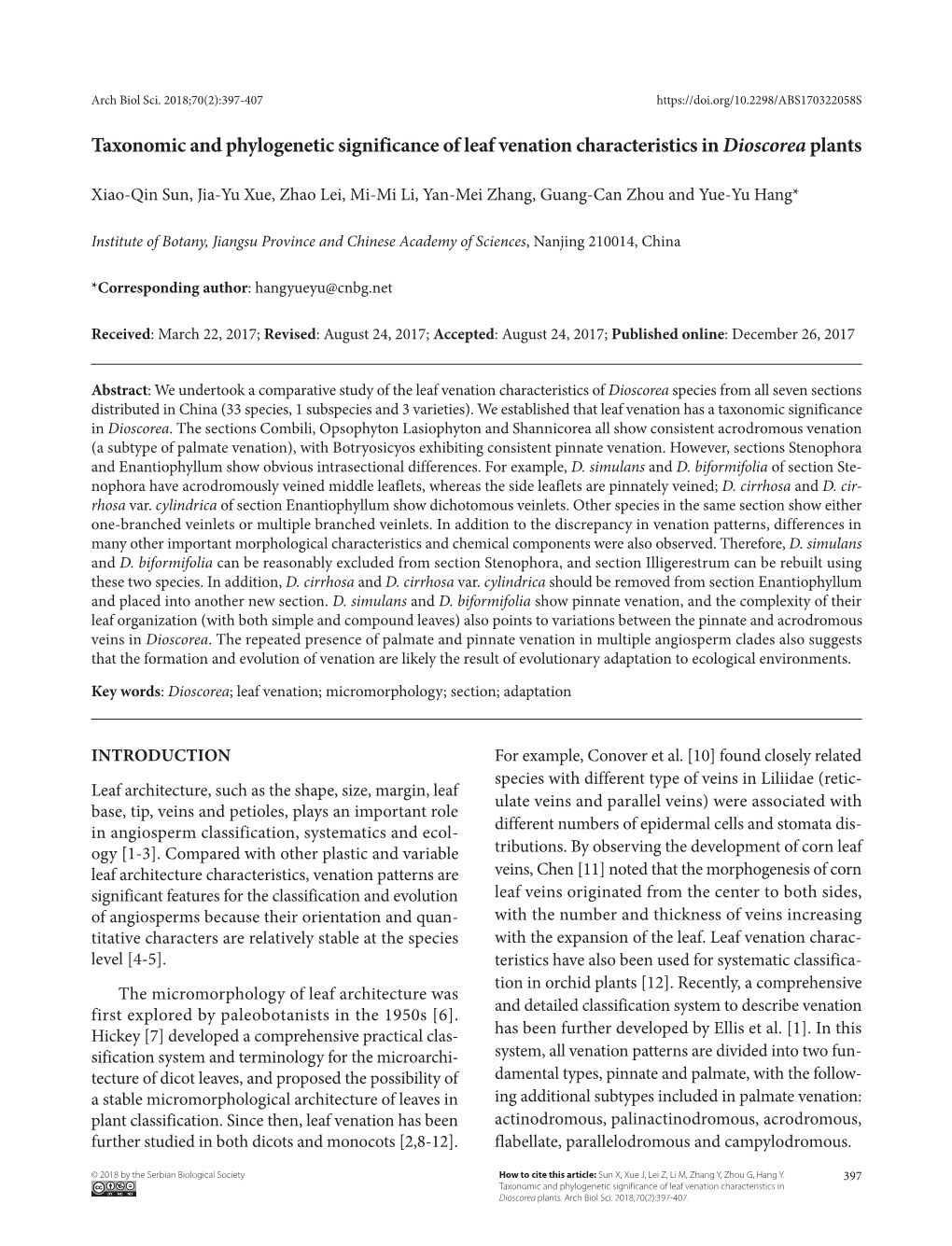 Taxonomic and Phylogenetic Significance of Leaf Venation Characteristics in Dioscorea Plants