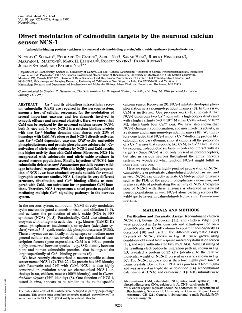 Direct Modulation of Calmodulin Targets by the Neuronal Calcium