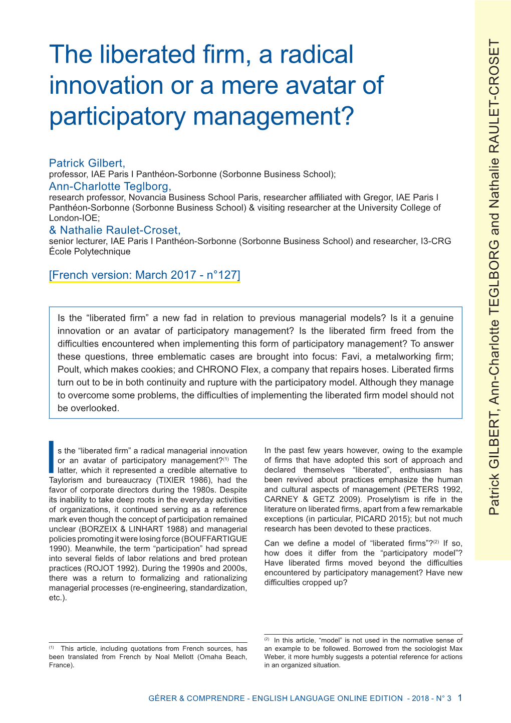 The Liberated Firm, a Radical Innovation Or a Mere Avatar of Participatory Management?