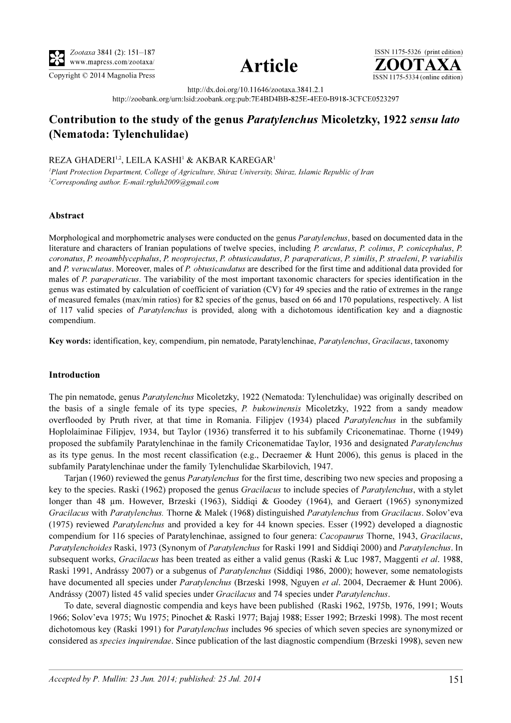 Contribution to the Study of the Genus Paratylenchus Micoletzky, 1922 Sensu Lato (Nematoda: Tylenchulidae)