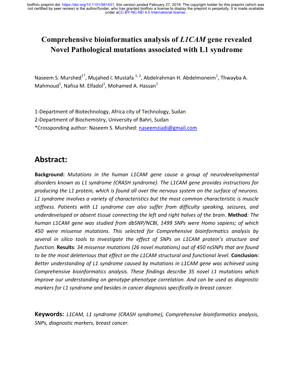 Comprehensive Bioinformatics Analysis of L1CAM Gene Revealed Novel Pathological Mutations Associated with L1 Syndrome