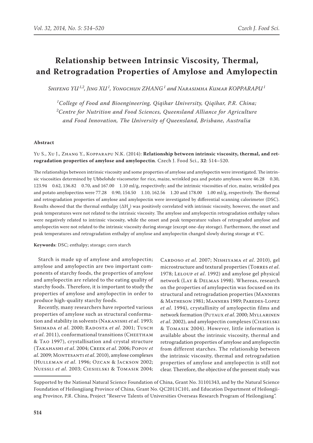 Relationship Between Intrinsic Viscosity, Thermal, and Retrogradation Properties of Amylose and Amylopectin